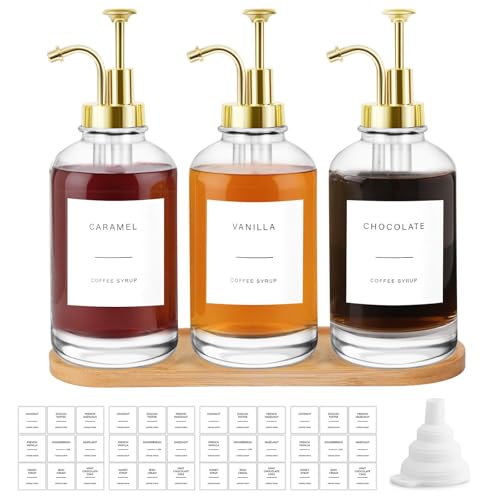 Sunal Kaffee Sirup Spender,Set of 3 Glas Sirup Spender,500ml/16,9 oz Golden Honig Pump Flasche mit 36 Wasserdichten Etiketten,1 Tray und 1 Silikon Trichter für Küche Kaffee Bar