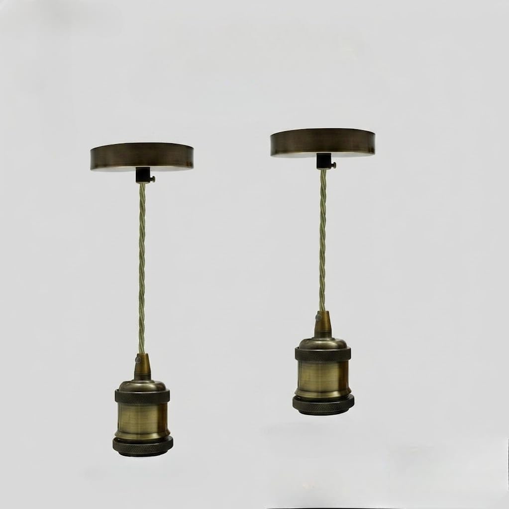 LEDSone 2 Pack Green Brass Pendant Light E27 Ceiling Light Kit with 95cm Adjustable Army Green Braided Cable Vintage Industrial Hanging Lamp for Kitchen Island Bedroom Dining Room