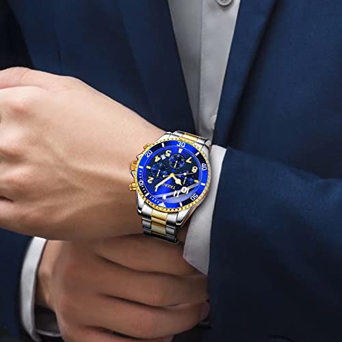 Taxau Blue Watches For Men Watch Men Gold And Silver Stainless Steel Chronograph Dress Watches For Men Large Face Men's Watches With Date Two Tone Waterproof Man Watch Reloj De Hombre #TOP2