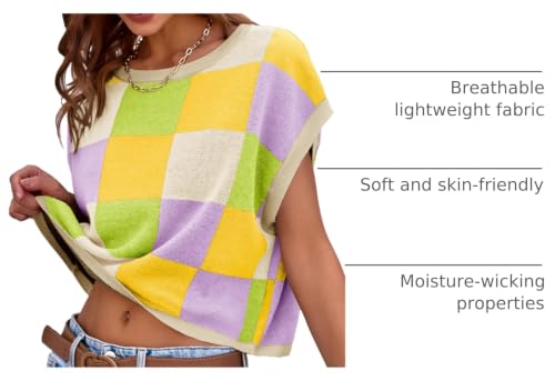 Image of Saodimallsu Womens Cap Sleeve Crop Tops Summer Color Block Going Out Crew Neck Knit Trendy Casual Sweater