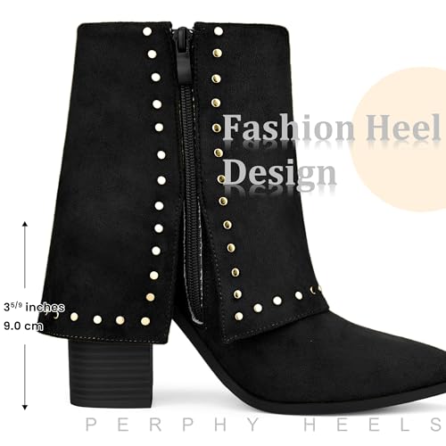 Perphy Fold Over Boots Pointy Toe Block Heel Studded Ankle Boots for Women2