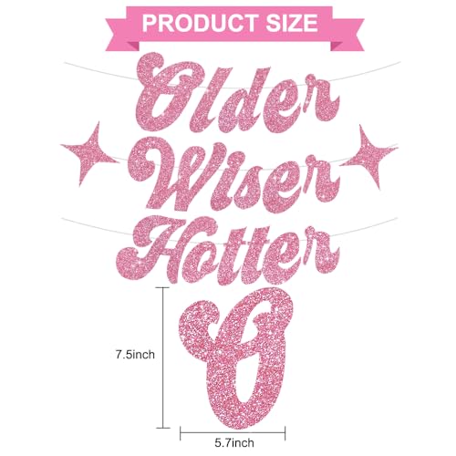 Image of BEISHIDA Glitter Pink Older Wiser Hotter Banner with Star, Funny Birthday Banner 30th 40th 50th 60th 70th 80th Party Decorations Sign Gift