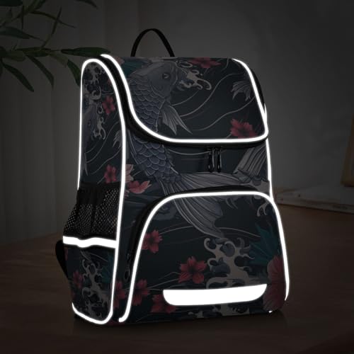 Mochila portátil reflectante con estampado de pez koi japonés 5