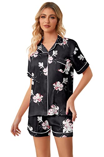 Image of Schbbbta Girls Womens Pajamas, Satin Silky Pjs Set Kids 2Pcs Button-Down Nightwear Sleepwear Gift for Mommy and me