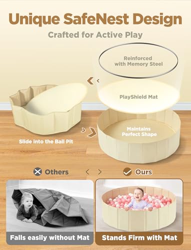 Hikiddy Large Ball Pit for Toddlers - 44 in Baby Ball Pit with Pop-Up Playmat, Foldable Kids Ball Pool, Dog Play Pit, Indoor and Outdoor Use, Hold Over 1000 Balls, Balls Not Include (Beige)