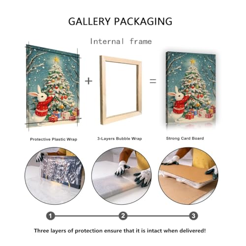 Sapin de Noël illustrations sur toile avec lapin blanc et cadre mural