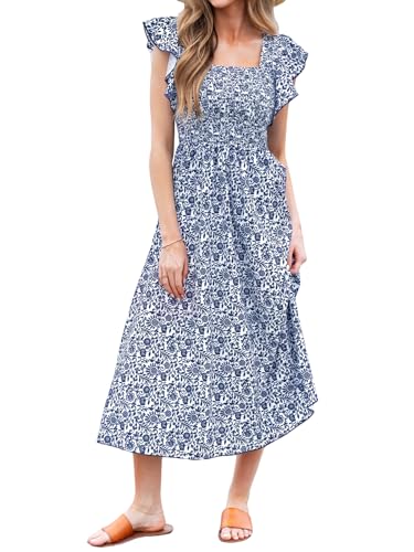 Image of CUPSHE Women's Summer Dress Square Neck Striped Smocked Dress Ruffled Cap Sleeves Dress A Line Maxi Formal Dress