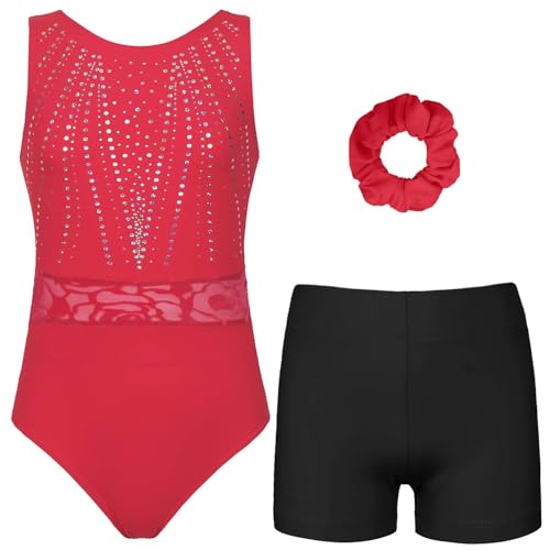 Gymnastics Leotards for Girls, Adult, Child With Shorts Activewear Red Sequins CL(9-10Years)