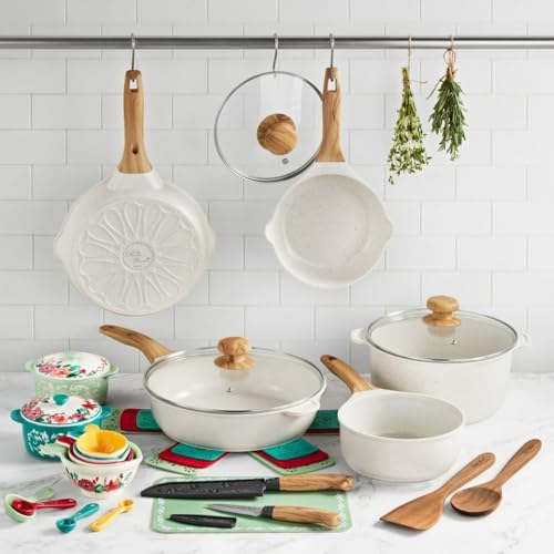 The Pioneers Womans Prairie Signature 30-Piece Cast Aluminum Cookware Set Durable, Stylish, and Versatile Collection with Easy Linen Speckle