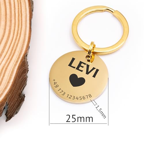 FELLSOCKE Personalisierte Hundemarke aus Edelstahl - 25mm | 30mm | 35mm, Individuell gravierbar, Robuste Tiermarke, Dogtag Anhänger Hunde, Pferde, Katzen & Welpen (Goldfarben, 25 mm)