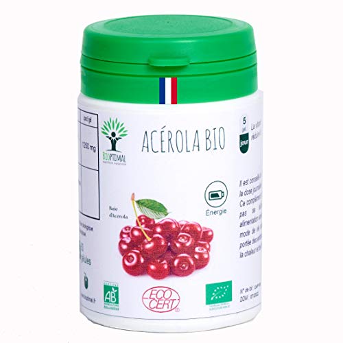 Acérola bio | 60 gélules | Complément alimentaire | Energie Vitamine C | Bioptimal nutrition naturelle| Fabriqué en France | Certifié par Ecocert | Satisfait ou Remboursé 30 jours 