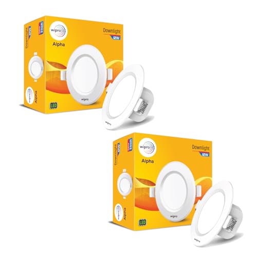 Image of wipro Alpha 12W Round Downlight Junction Box | Cool Day White (6500K) | Glare-Free Design |Recessed Down Light for False Ceiling | Cutout - 3 Inch | Pack of 2
