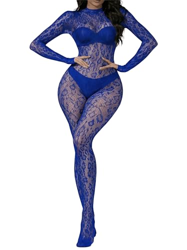 Eagerlove Body en Résille Femme Combinaison Léopard en Dentelle Bleu Royal