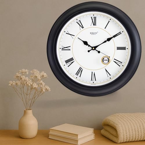 Image of Rikon RK-48 PL Roman Black Classic Round Analog Wall Clock - 43.18 x 43.18 cm Premium Plastic Design for Home, Office, Living Room Decor