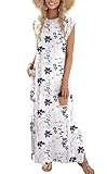 Picture of Zeagoo Womens Casual Maxi Beach Dress Floral Crew Neck Summer Dress Long Split with Pockets Cruise Cotton Dresses for Women Business 2025 Blue Flower L