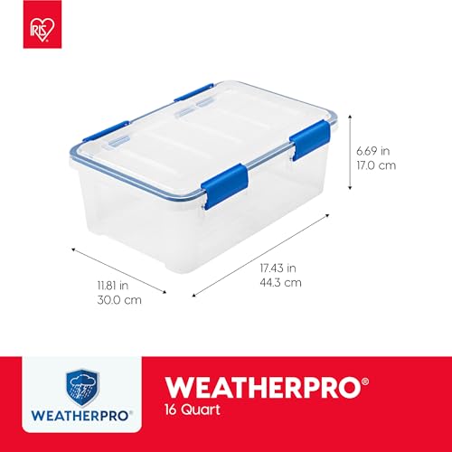 IRIS USA WeatherPro 16 Qt Storage Bins with Lids, 3 Pack, BPA-Free Plastic Gasket Box with Tight Latch and Seal, Stackable Nestable Tote Tub - Clear/Blue - Image 3