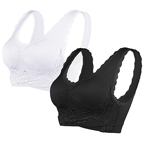 Vertvie Femme 1/3 Pack Soutien-Gorge de Sport sans Armature Dentelle Sexy Brassière Rembourré Push Up Lingerie Bra Boucle Latérale Frontale Tank Top Bustier (L, Noir+Blanc)