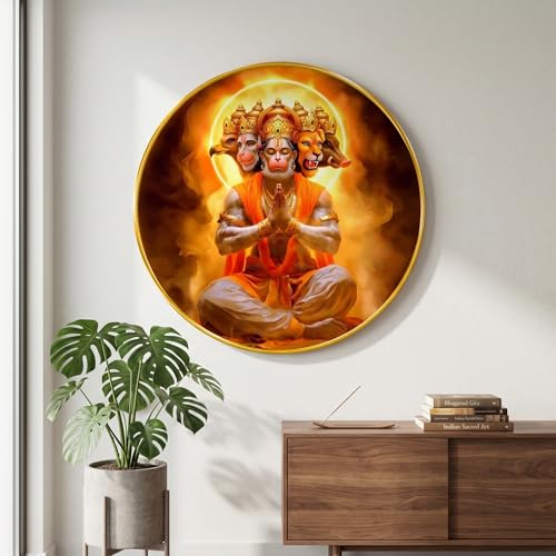 Image of SAF Panchmukhi Hanuman Wall Painting Round PVC Golden Frame Spiritual Hindu God Wall Decor for Living Room Temple Bedroom Pooja Room Religious Gift Item (23 x 23 Inch) GR-380