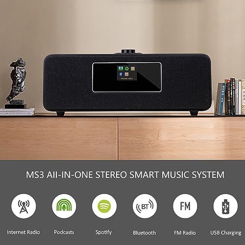 Image of LEMEGA MS3 Internet Radio, Podcasts,Spotify, Bluetooth, FM Stereo,Black | Full colour display, 40 presets, remote control, acoustic wooden cabinet, headphone jack, USB, AUX-in, dual alarms clock