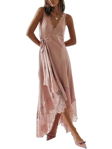 Image of SANSIWU Summer Satin Lace Slip Maxi Dresses for Women V Neck High Low Hem Asymmetrical Sheer Flowy Split Long Dress (Pink, L)
