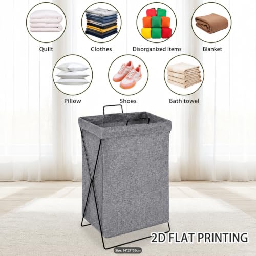 Image of DecorTwist Foldable Laundry Basket with Metal Stand - Large Fabric Clothes Hamper with Handles (36 x 38 x 58 cm) | Freestanding Dirty Clothes Basket for Bedroom, Bathroom & Laundry Room, Grey