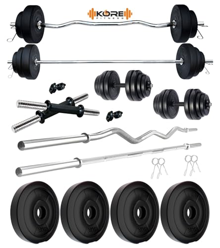 Image of Kore PVC 12 Kg Home Gym Set with One 3 Ft Plain + One 3 Ft Curl Rod and One Pair Dumbbell Rods, Multicolour