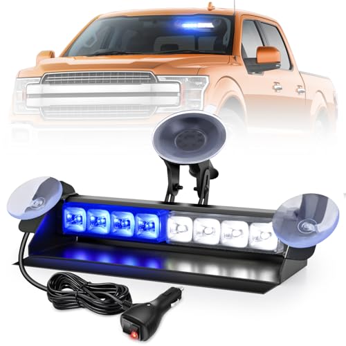 Image of Nilight 8LED Blue White Traffic Advisor Strobe Light Bar Hazard Safety | with Vacuum Suction Emergency Dash Warning Flashing Lights Front /Rear Windshield Visor for Truck Police Construction Vehicles