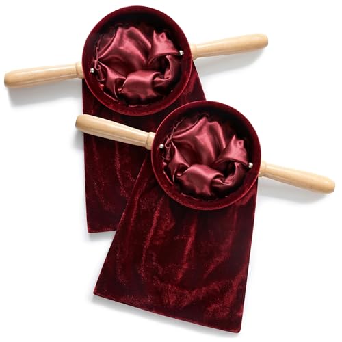 Sacs en tissu floqué rouge vin avec poignées en bois pour église x2