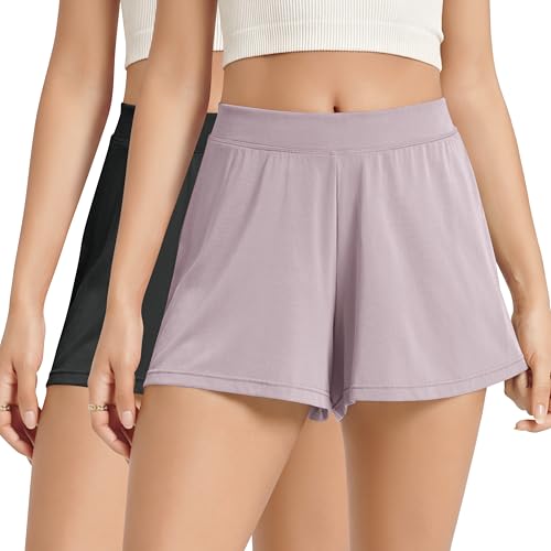ODODOS 2-Pack Ultra-Soft Modal Lounge Shorts for Women – Lightweight & Breathable Sleepwear, 3' Inseam, Black+Lavender, Large