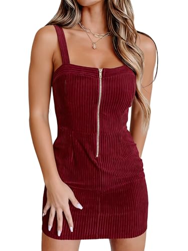Wenrine Damen Corduroy Overall Minikleid 2025 Herbst Niedlich Halber Reißverschluss Lätzchen Latzkleid Kleider Pullover, Rot/Ausflug, einfarbig...
