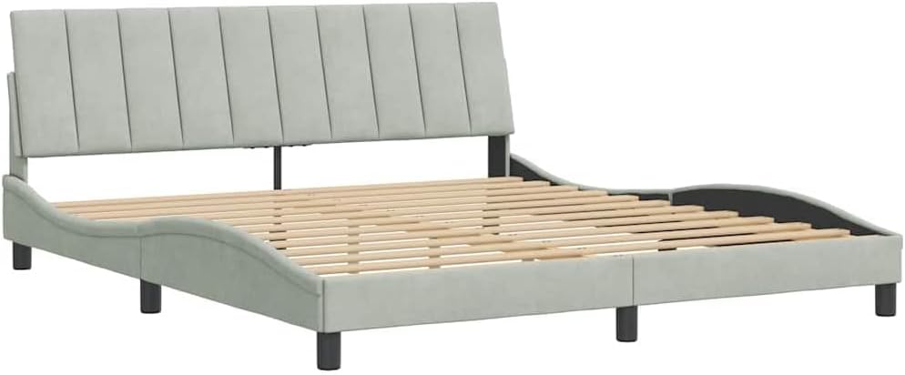 Light Grey Velvet Bed Frame with Padded Headboard, Modern Platform Foundation for Bedroom, Sturdy Heavy-Duty Slatted Design, Easy Assembly, No Box Spring Needed, Ample Storage
