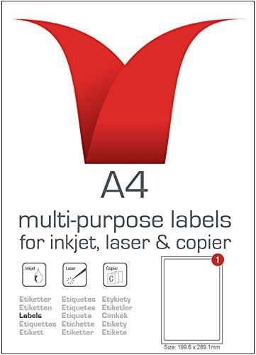 Bulk Packed - Multi-Purpose A4 White Self-Adhesive Labels - Die Cut 199.6 x 289.1mm - 1 Label per Sheet - 500 Sheets per box/500 Labels per Pack