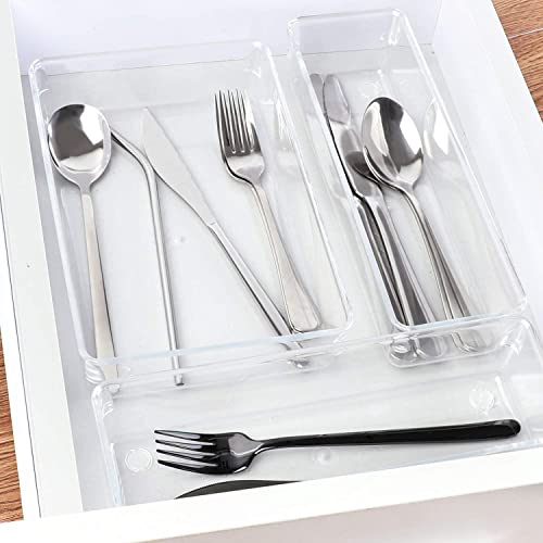 Image of Clear Plastic Drawer Organizers Set, 3-Size Versatile Bathroom and Vanity Drawer Organizer Trays, Storage Bins for Makeup, Bedroom, Kitchen Gadgets Utensils and Office (6 PC SET)