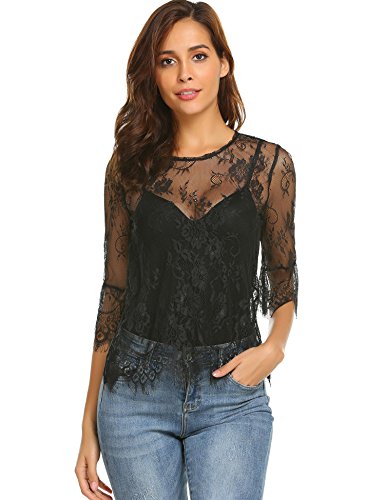Grabsa Womenâ€™s Round Neck Half Sleeve Scallop Trim Floral Lace Blouse Top Black