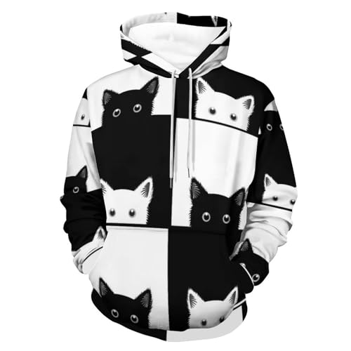 Sweat à capuche chat noir et blanc pull homme femme manche longue