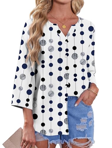 Image of OFEEFAN Button Down Shirts for Women 3 /4 Length Sleeve Tops V Neck Blouses Business Casual Outfits Loose Fit