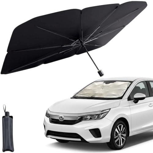 Image of Car Windshield Sunshade Umbrella | Foldable 3 Layer Heat & UV Protector | Reflective Sunblocker | for Sedan, Mini SUV, | Medium Size | Black | NOT for Small Hatchback & Micro SUV