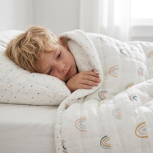 Image of MakeMake Organics Organic Twin Comforter GOTS Certified Organic Kids Blanket Cotton Infill Tufted - Reversible Ultra Soft Breathable Boys Girls (68 inchx88 inch, Dotty + Rainbow)