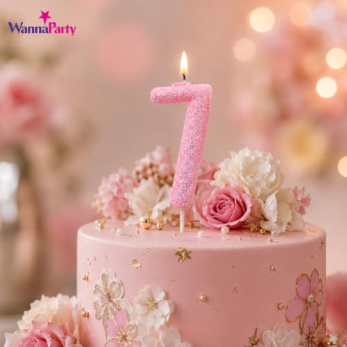 Image of Wanna Party Glitter Designer Pink Number 7 Birthday Candle, Numerical Cake Candle for 7th Birthday, Cake Cutting, Party Decoration & Celebration Supplies - 1PC