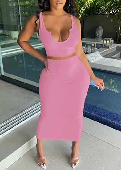 Image of Women Sexy Two Piece Skirt Outfits Long Sleeve /Sleeveless V Neck Bodycon Ribbed Knitted Maxi Club Party Dress
