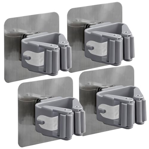 KIRZAX 4 Piezas Soporte Escobas Pared, Colgador Escoba,Adhesivos Ganchos para Colgar Escobas, para Muebles, Cocina, Baño, Jardín, Garaje o Cualquier Estancia Del Hogar (Gris)