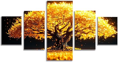 Arbre diamond painting doré pour salon afin de décorer un grand mur avec 5 panneaux Mefooge