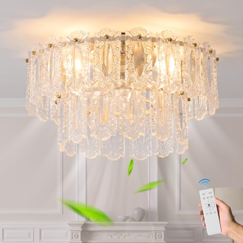 Image of Crystal Caged Ceiling Fan with Light Flush Mount, 20inch Crystals Ceiling Fan with Light and Remote,Gold Crystal Fandelier Ceilings Fans with Lights for Bedroom,Nursery, Foyer
