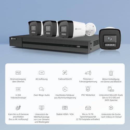 EZVIZ 4K Überwachungskamera aussen Sicherheitssystem, 4X 8MP PoE IP Kamera mit 2TB HDD NVR für 24/7 Aufzeichnung, Farbnachtsicht & Personen-/Fahrzeugerkennung, IP67, H3K PoE Kit