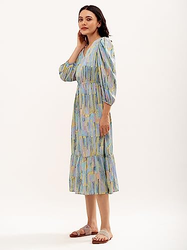Image of AASK Abstract Printed Puff Sleeve Gathered Detailed Fit Flare Dress