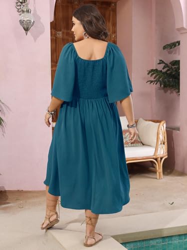 Image of SCOMCHIC Plus Size Summer Dress Casual Short Sleeve Bow Tie Deep V Neck Smocked Button Down Midi Flowy A-line Boho Dresses