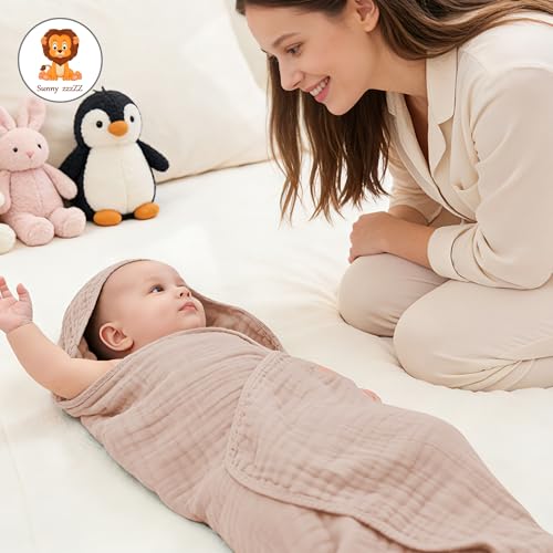 Image of Sunny zzzZZ Muslin Hooded Baby Bath Towels - 3 Pack 100% Cotton Soft Low-Saturation Pastel Towels Including Classic White for Newborns, Infants, Toddlers - 32x32 Inch - Light Bean Paste and White