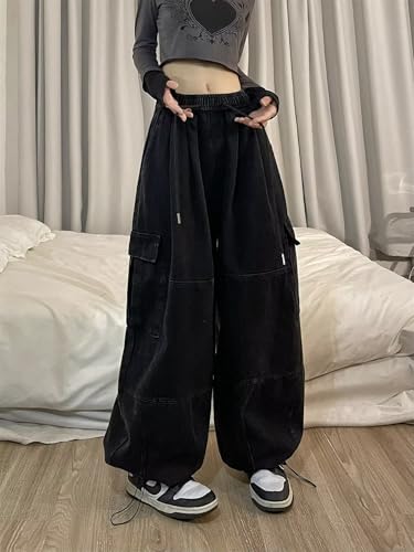 Cargo Pants for Women Baggy Heavyweight Pant High Waisted Wide Leg Drawstring Trousers Y2K Streetwear with Pockets2
