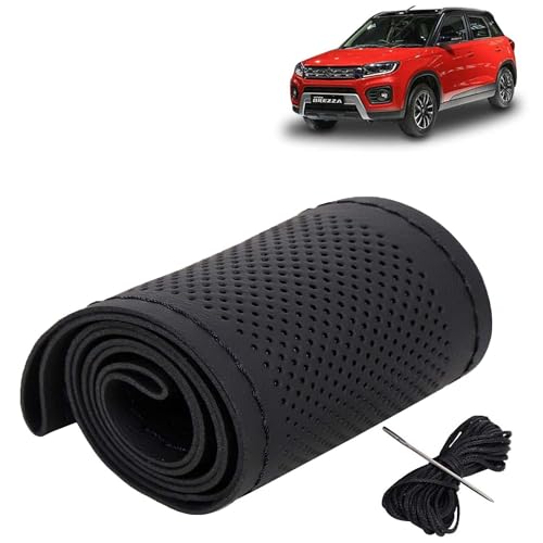 Image of KINGSWAY PU Leatherite Car Steering Cover Sewable Compatible with Maruti Suzuki Vitara Brezza (Year 2020-2022), Black Color with Black Thread, Pack of 1 with Sewing Needle and Thread