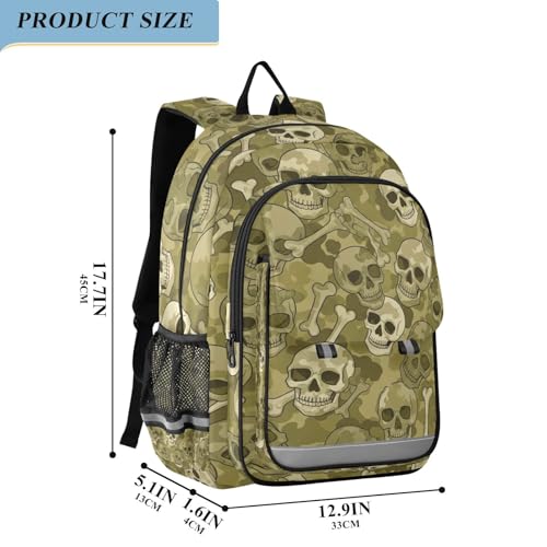 Camouflage Skulls Olive Green Kids Backpack for School, 17 Inches, Boys Elementary Backpack, Backpacks for Travel, Age 6-122
